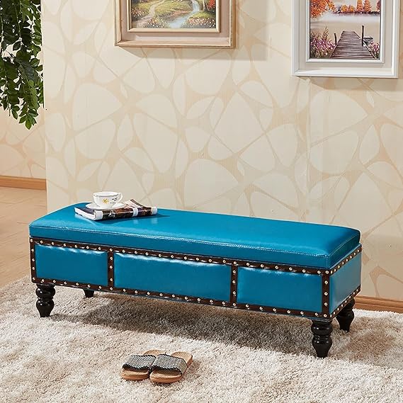 Blue Upholstered Storage Bench with Nailhead Trim PU Leather Ottoman for Bedroom Entryway Living Room Stylish Footrest Stool with Wooden Legs (60x40x40cm)