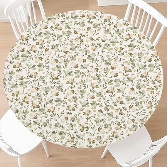 KSLIDS Round Fitted Tablecloth with Elastic Edge Sage Green Brown Beige Vintage Flowers Picnic Table Cover Spring Summer Daisy Floral Block Print Table Cloth Fit 44"-48" Tables for Outdoor,Dinner
