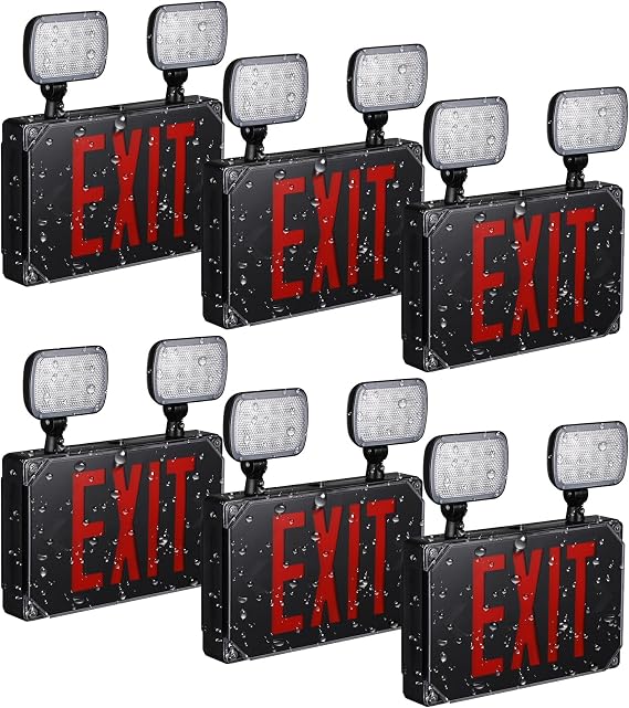 Leonlite Led出口ライト ウェットロケーション出口サイン 非常灯付き Ul規格認定済み 屋外配線 赤文字 バッテリーバックアップ付き デュアルヘッド2個 ダブルフェイス Ac 120/277v ブラック 6個パック