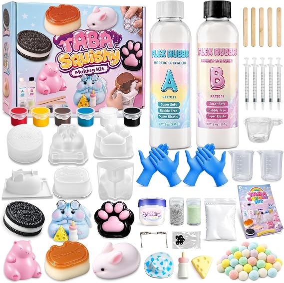 Funewest Taba Squishy Making Kit for Kids, DIY Squishy Maker with Liquid Silicone and Molds, Flex Rubber, Flocking Powder, Squishies Craft Kit for Toddle 8-12, Make Your Own Sensory Fidget Toys