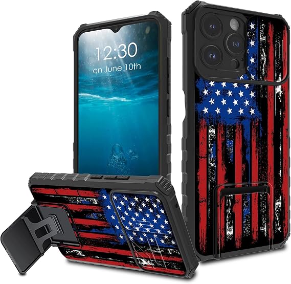 iPhone 16 Pro用ケース スライド式カメラカバー&キックスタンド付き スリム デュアルレイヤー ハード PC ソフト TPU 耐衝撃 保護 電話ケース iPhone 16 Pro 6.3インチ 2024年用 - アメリカ国旗