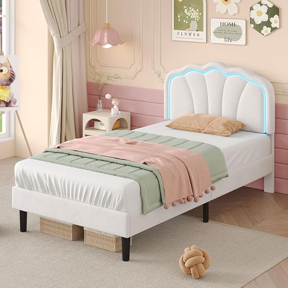BTM 3ft Kids Single Upholstered Bed Frame with LED Adjustable Headboard Velvet Bed Frame with Solid Wood Slat, Cream White