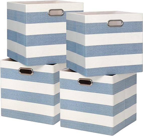 4-Pack 33x33x33 cm Foldable Storage Cube Bins, Fabric Stripes Home Organizer Boxes with Metal Handles for Kallax Shelves, Closet, Cabinet, Bookcase Decor and Laundry (Blue & White)