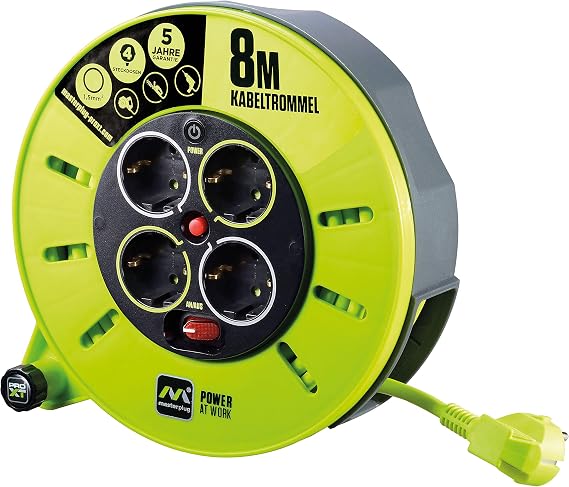 Masterplug Pro-XT Cable Reel Extension Cable with 4 Sockets Winding Crank Thermal Protection and Power Switch 8 Metre High Visibility Cable