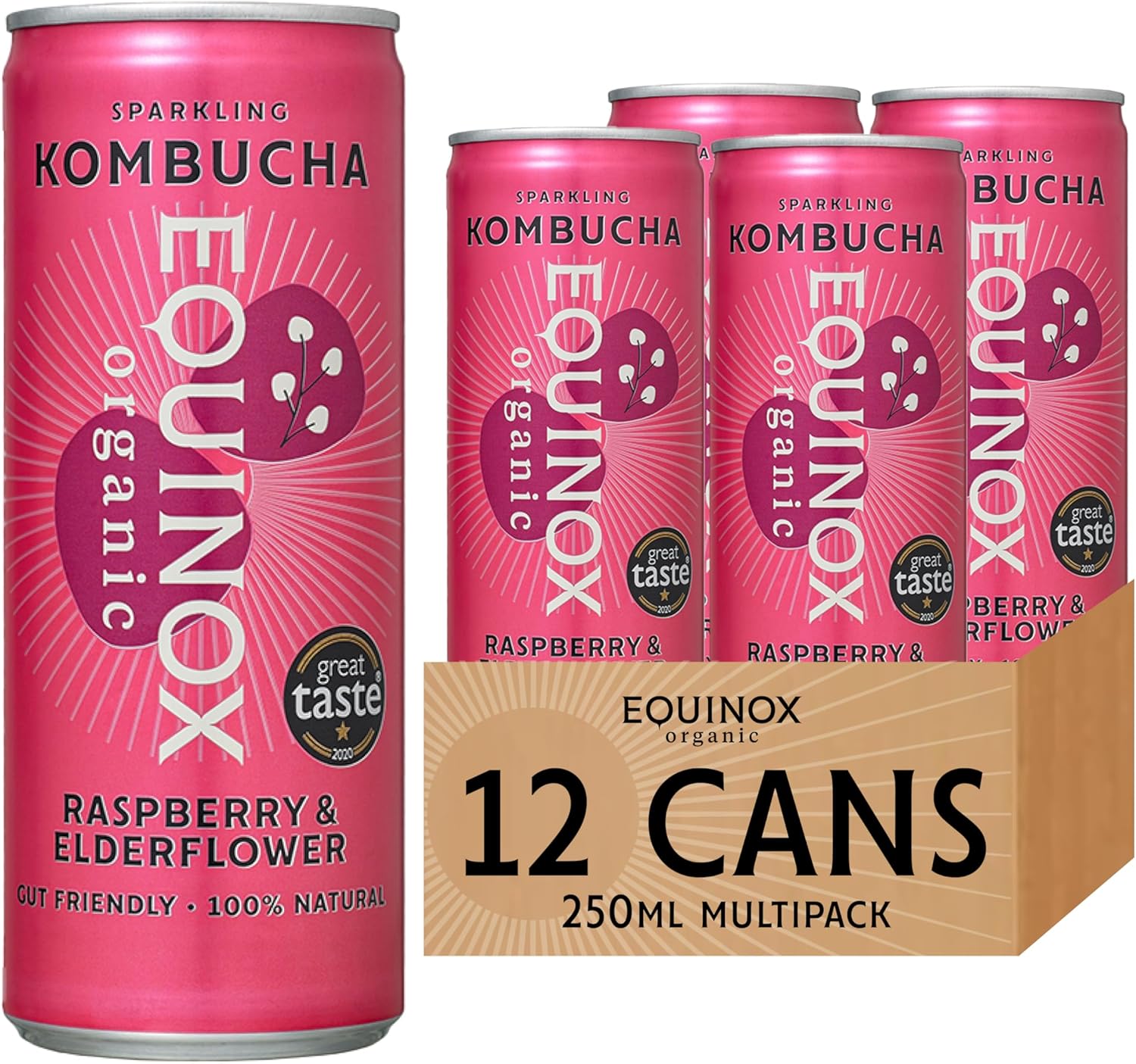 Equinox Kombucha Drink Raspberry & Elderflower Real Fruit Kombucha Flavours (12 x 250ml) | Authentic Craft Kombucha Brewed in UK with SCOBY, Green Tea & Raw Cane Sugar | No Sweeteners & 100% Natural
