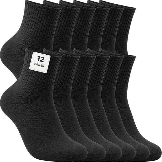 12 Pairs Sports Socks Men Women – Pack of Unisex Medium Socks for Running, Gym, Tennis, Work, Daily Use – 85% Cotton, Breathable, Comfortable and Soft.