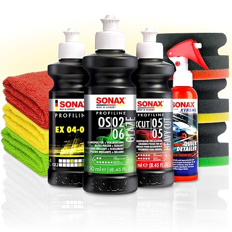 Autopolitur Set Sonax Profiline ExCut 05-05 gegen tiefe Kratzer + EX 04-06 Hochglanzpolitur + OS 02-06 Finish Politur + Quick Detailer + 3 x Hand Polierpad + 3 x Poliertuch