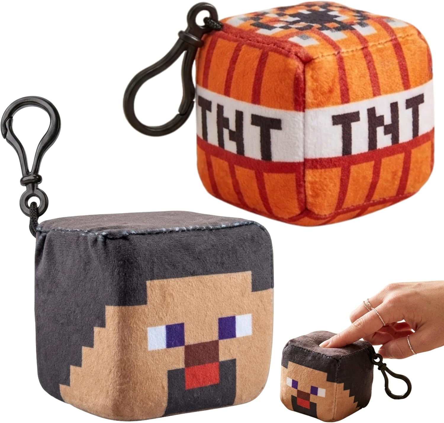 SRV Hub 2PCS Minecraft Steve & TNT Block Plush Cube Clip-On Keychains – 8cm Soft Minecraft Plush Toys | Backpack Clips Collectible Gamer Gift for Kids