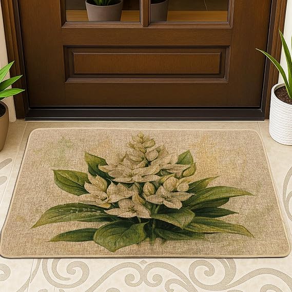 Spring Hosta Flower Front Black Door Mat Outside Inside Entrance 29 * 17, Watercolor Florals Plant Outdoor Ultra Thin Doormat, Small Botanical Print Shoes Off Door Rug for Patio