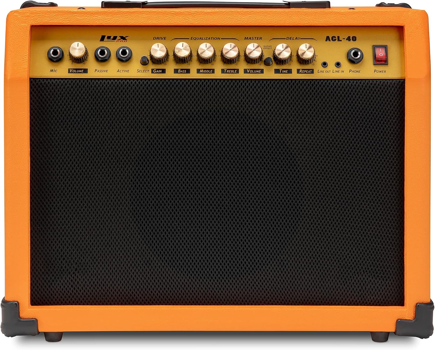 LyxPro 40 Watt Electric Guitar Amplifier Solid State Studio Amplifier with 8 4 Ohm Speaker, Custom EQ Control, Drive, Delay, ¼ Passive, Active, Microphone In, Auxiliary Input & Headphone Jack