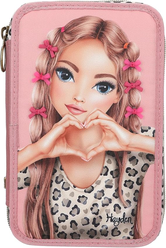 Depesche 13640 TOPModel Leoheart 3 Bölmeli Kalem Kutusu, Pembe Dolu, Desenli ve Fiyonklu Kalem Kutusu, Renkli Kalem, Makas, Cetvel ve Daha Fazlası