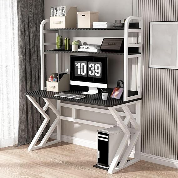 Computer Desk with Storage Shelves, Large Home Office Study Writing Table with Bookshelf, Modern PC Laptop Table Gaming Desk(Carbon Fiber,100x60x170cm)