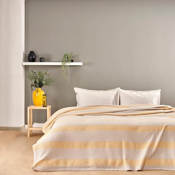 Taç Motto Çizgili%100 Pamuk Pike Takımı, Sarı, Çift Kişilik