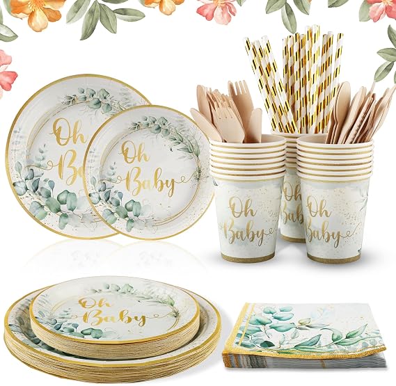 Sage Green Party Tableware, 200 Pieces, Neutral Green Birthday Decoration, Includes Plates, Cups, Napkins for Birthday, Baby Shower Party-25 Guests (Baby)