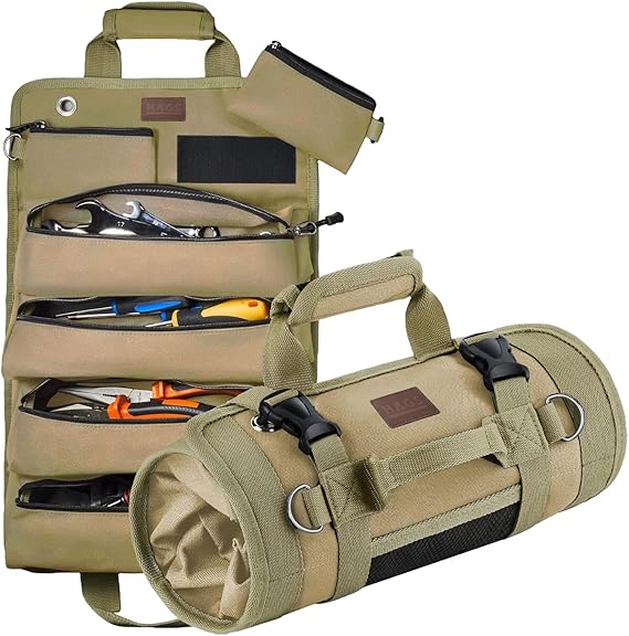 HAEGS Tool Bag, Heavy Duty Canvas Roll Tool Bag, Foldable Tool Organizer Handbag, Mechanic Carpenter Technician Hobbyist Tool Bag, Tool Tool Set Key Organizer Bag Brown