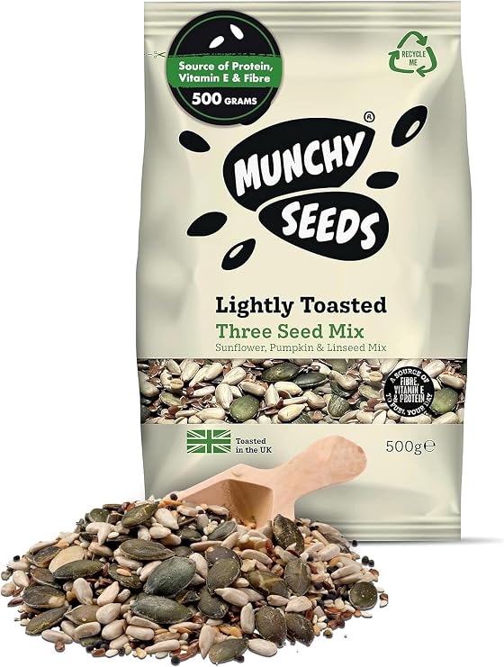 Munchy Seeds Lightly Toasted 3 Seed Mix, Pumpkin Seeds, Sunflower Seeds & Flaxseed, Free from Nuts, Seeds for Baking, Breakfast Cereals & Granola, Mixed Seeds to Eat, Mixed Seeds for Eating 500g