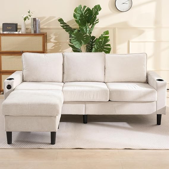 BTM 3 Seater Corner Sofa, L-Shaped Sectional Sofa Couches With USB and Cup Holders for Apartment, Living Room, Beige