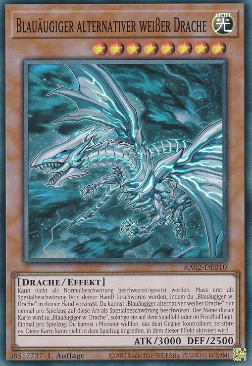 RA02-DE010 - Blue-Eyed Alternative White Dragon - Super Rare - 1st Edition - German - 25th Anniversary Rarity Collection II - With LMS Trading Fieldcenter Card Yugioh