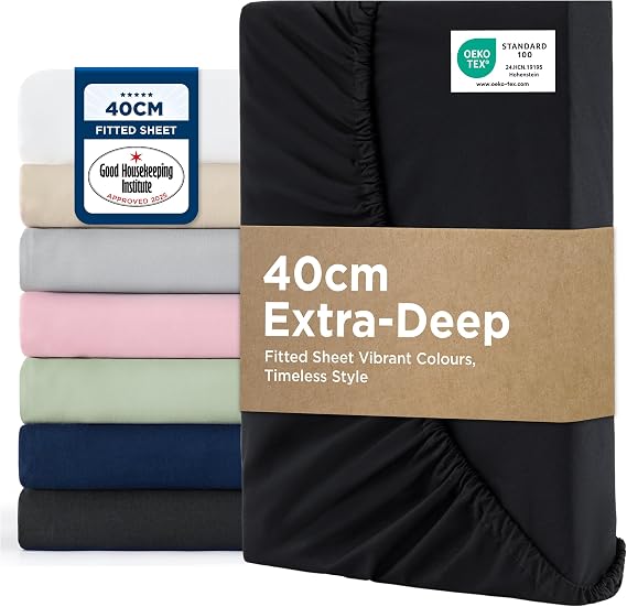 Bedsure King Size Fitted Sheets - Bed Sheets Extra Deep Pocket 16 Inches (40 cm), Soft Brushed Polyester Microfiber Material for King Size Bed, Black, 150x200cm