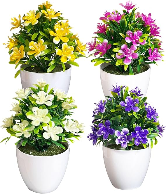 4Pcs Artificial Flowers Plants Potted Mini Fake Plants with Pot Plastic