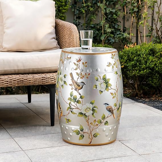 Decorative Chinoiserie Stool for Outdoor Side Table Glazed Hand-Painted,Ceramic outdoor table,Suitable for Living Room,Patio,Garden,Balcony(Silver)