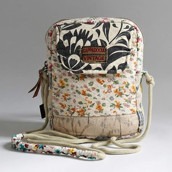 Cappadocia Vintage Kadın Ekru Çiçek Desenli Omuz Çantası 20 x 15 x 6,5 cm Bohem Tarz Mini El Çantası Telefon Çantası Günlük Kullanım
