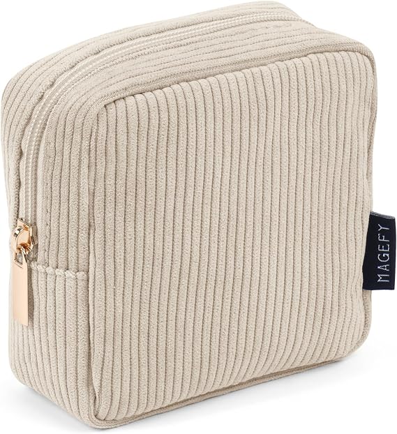 MAGEFY Makeup Bag Corduroy Small Makeup Bag Mini Pouch with Compartments for Handbag Travel Cosmetic Bag for Women