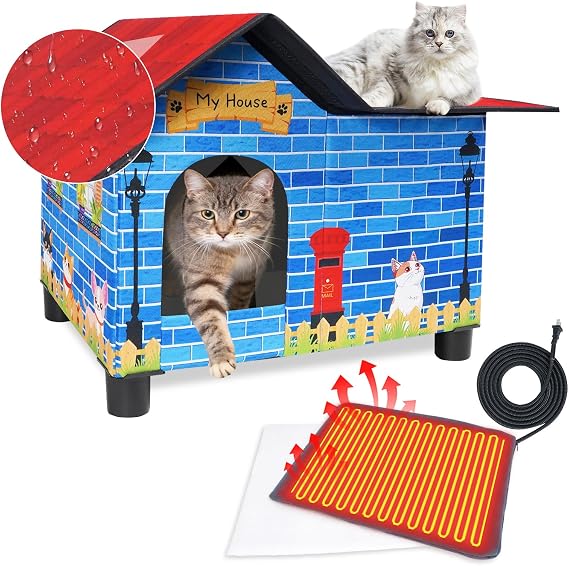 Heated Cat House for Outside, Outdoor Feral Cat Shelter with Pad