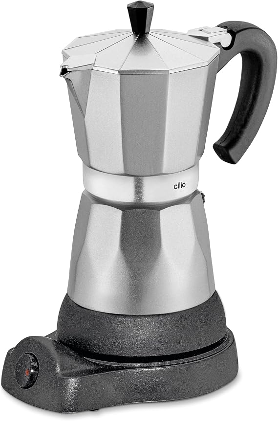cilio Classico Espresso Maker for 6 Cups Electric 480 W Diameter 11.5 cm Height 25 cm Aluminium Silver Integrated Stove Plate with Warming Function and Reducing Sieve for Travel or Camping