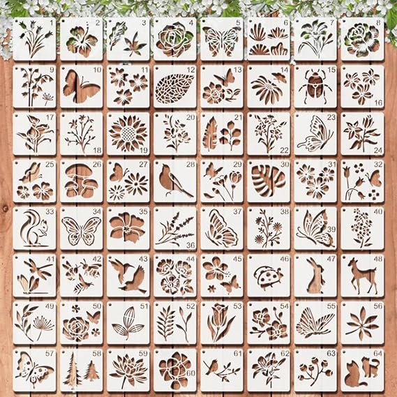 64 Pcs Animals and Plants Stencils Set,7.6CM Reusable Painting Stencils for DIY, Furniture, Wood, Floor, Scrapbooking, Textile Design,Crafts,Furniture Canvas Decoration
