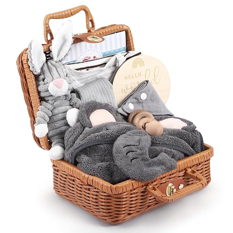 Birth Gift Baby Gifts Boy Baby Gift New Born Baby Gifts with Gift Basket Blanket Bib Calming Cloth Socks Wooden Teething Ring Milestone Cards Requisten for Newborn Boy Girl