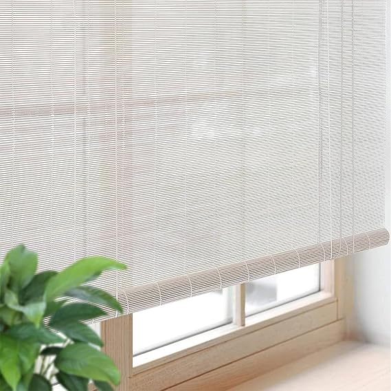 White Bamboo Blinds Window Shades Made to Measure Natural Bamboo Roller Blinds Sun Shade Privacy Decorative Curtain,Screen Partition with Lift,Easy to Install,For Indoor/Outdoor/Garden