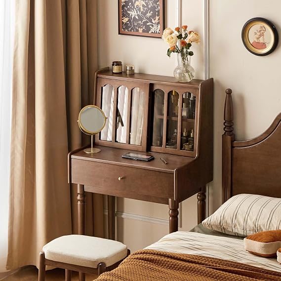 Solid RubberWood Dressing Table Narrow Makeup Table with Sliding Glass door