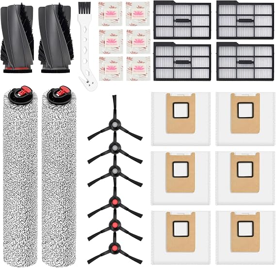 26pcs Eufy E25 Omni Replacement Kit:1 Pair Main Brush,2 Roller Mops,4 HEPA Filters,6 Side Brushes,6 Dust Bags,6 Scented Tablets for Dust Bag Odor Control+Cleaning Brush