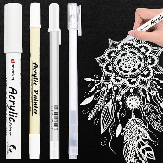 White Gel Pens, 4PCS White Pens, 0.6/0.8/1/2mm Ink Pens, Line Drawing Pen for Artists, Highlight Rollerball Pens for Black Paper, Sketching, Drawing, Illustration