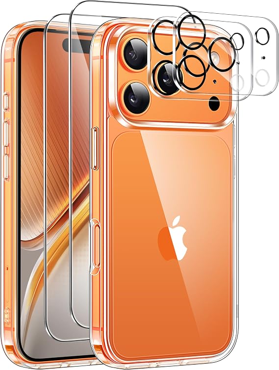 for iPhone 17 Pro Max Case with 2 HD Screen Protector and 2 Camera Lens Protector, [Anti-Yellowing] [15FT Military Drop Protection] Ultra Hybrid PC Hard Back Shockproof Slim Phone Case, Clear