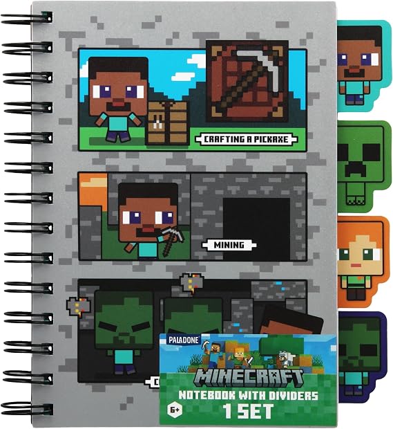 Paladone Minecraft Notebook Stationery Set for Boys, Officially Licensed A5 Spiral-Bound Planner with 4 Dividers and Ruler, Back to School Supplies