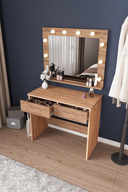 DF02108 LED Işıklı Aynalı Holywood Makyaj Masası, Bölmeli Çekmeceli Organizer Kozmetik Masası Atlantik Çam