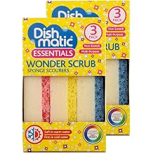 6 x Dishmatic Wonder Scrub Sponge Scourers – Non Scratch Multi-Purpose Cleaning Sponges – Dual Action Kitchen & Dish Washing Scourer Pads for Pots, Pans & Surfaces