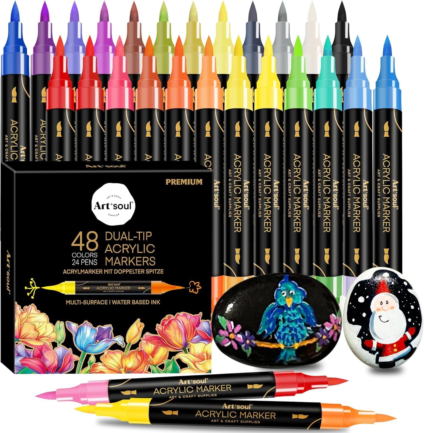 Art+soul 48 Colors Acrylic Pens, 24 Pack Dual Tip Acrylic Markers for Rock Painting, Wood, Stone, Canvas, Ceramic, Glass Surfaces, DIY Crafting & Art Supplies