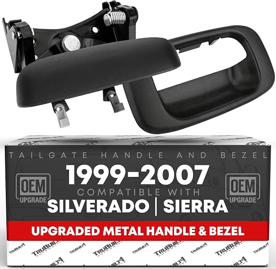 Tailgate Handle and Improved Bezel | Upgraded Metal | Tailgate Latch or Rod Clips Compatible With 1999 - 2007 Chevy Silverado / GMC Sierra 1500, 2500, 3500 HD Truck 15228539, 15997911, 76106, 77488