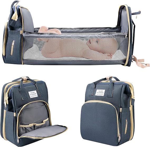 Baby Changing Bag, Nappy Changing Bag with Changing Mat, Large Capacity Baby Bags for Mum, Waterproof Portable Changing Bags Backpack with Foldable Cot Bed, Stroller Straps for Travel