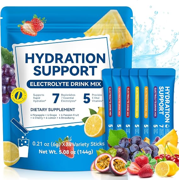 Electrolytes Powder Packets, Hydration Powder Drink Mix - 7 Essential Electrolytes, 5 Vitamins for Hydration & Nutrients Replenishment, Energy Recovery, Sugar Free - 24 Packets/6 Flavors