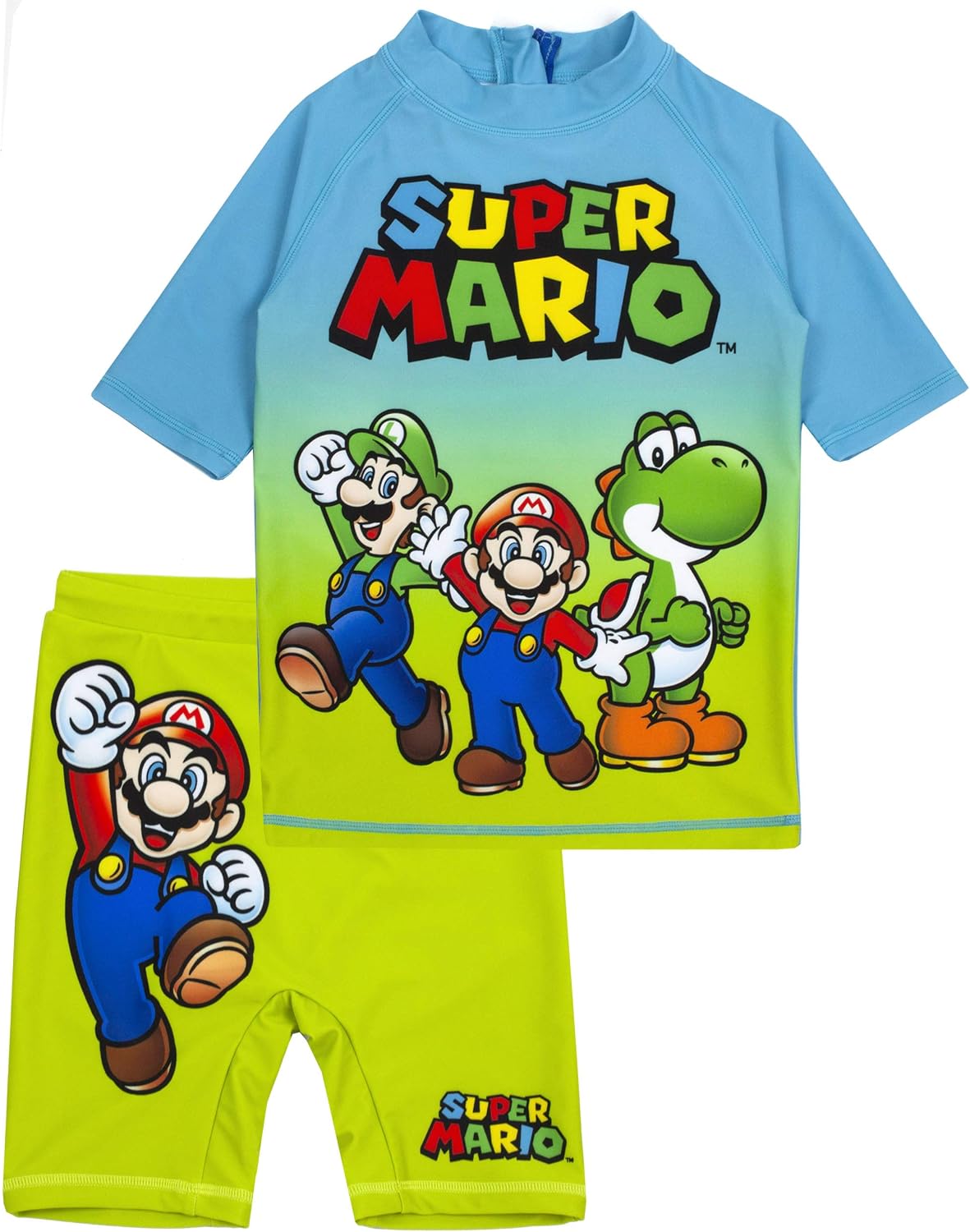 Super Mario Swimsuit for Boys | Blue Green Two Piece Top & Shorts Bathing Suit | Kids Gamer UV50+ Sun Safe Swimming Costume