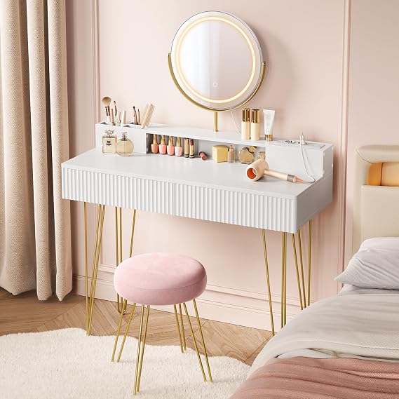 VASAGLE Dressing Table with Stool and Lighting, Socket Strip