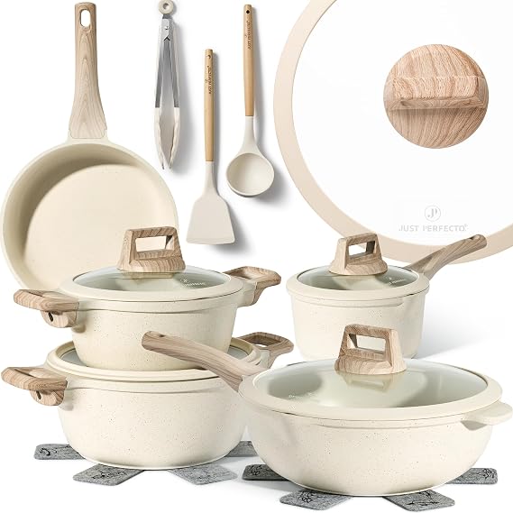 Just Perfecto Pots and Pans Sets Non Stick, Induction Hob Pan Set, Saucepan Set, Non Stick Frying Pan Set with lid Stock Pot, Deep Frying Pan, Pots and Pans Set Granite Cookware Set of14 pcs Biege