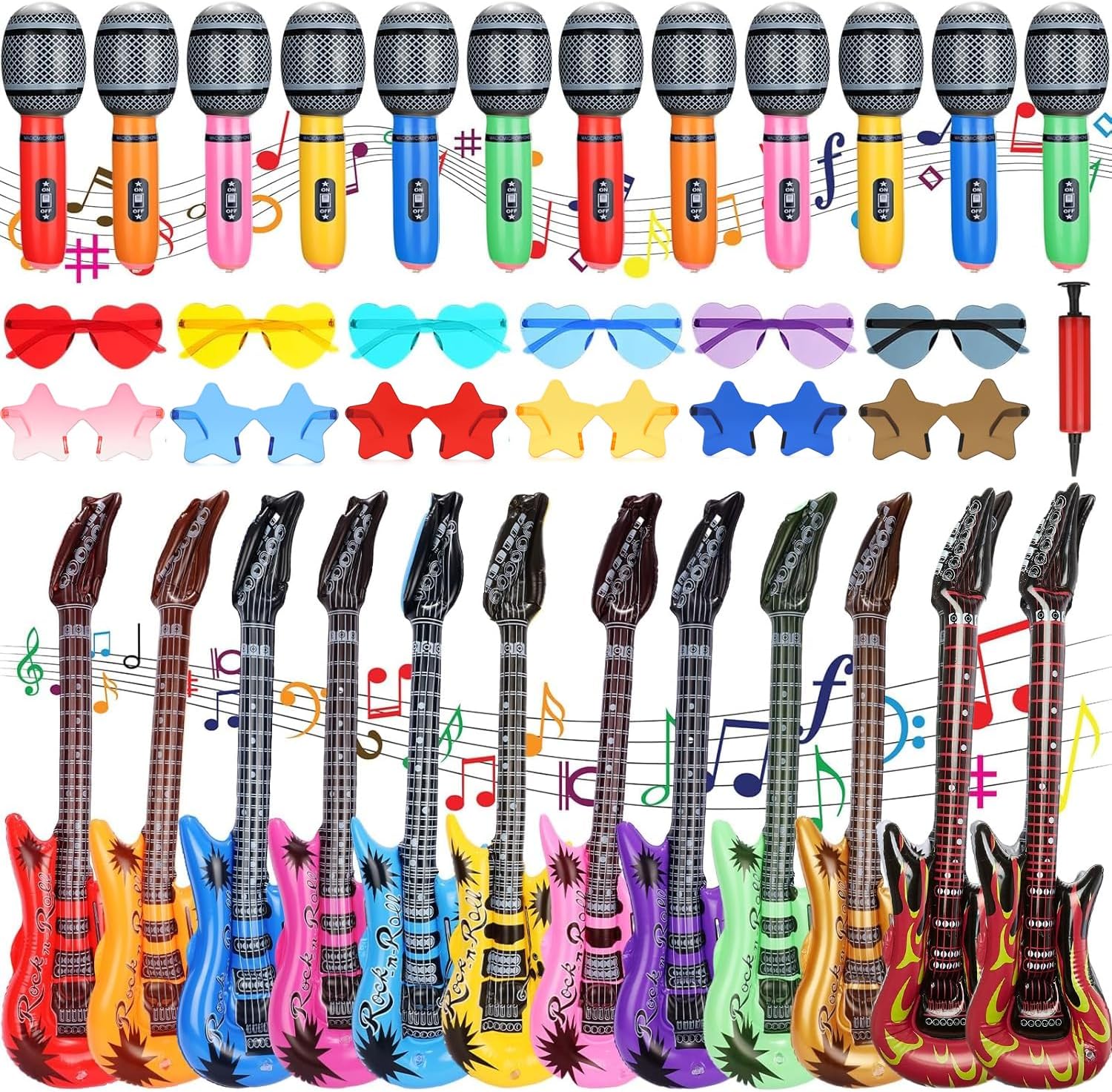 36 Pcs Inflatable Instruments Party Props Set, Include 12 Inflatable Rock Star Guitars 12 Inflatable Microphones 12 Colorful Sunglasses for 80s 90s Themed Disco Party Photo Booth Decorations