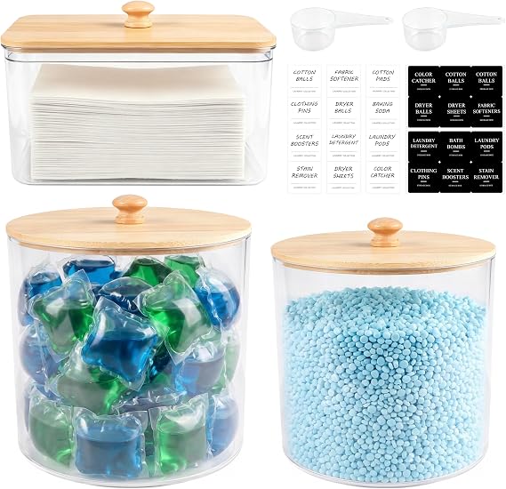 3Pcs Clear Laundry Pods Containers, Dryer Sheets Boxes with Wooden Lids