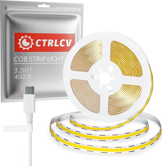 CtrlCV Tip C COB LED Şerit 3.28ft/1m- Esnek 8mm Gizli DC 5V LED Bant, 300 LED/m, Nötr Beyaz (4000K) Işık. Kesilebilir, Şekillendirilebilir, Mobil Güç Bankası, PC, Cep Telefonu, TV, vb. Hepsi
