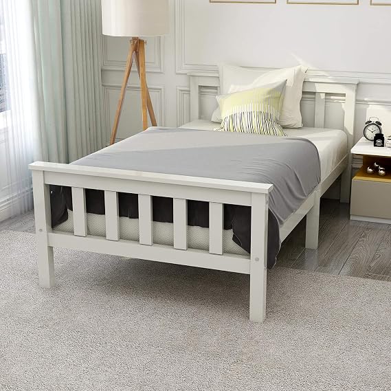 Single Bed 3ft, Solid Pine Wooden Bed Frame for Adults & Kids, 90x190cm, White